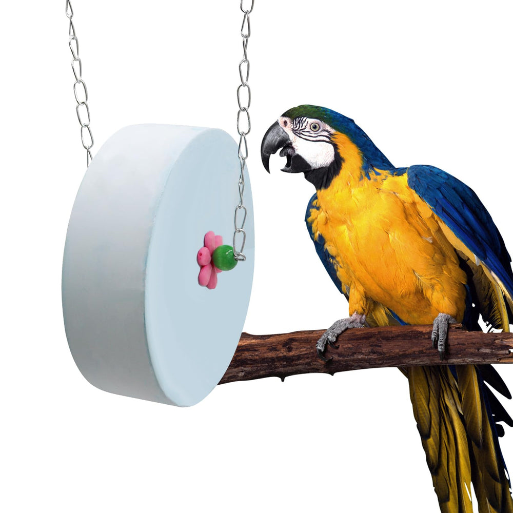 BingegePet bird beak grinding stone on a large blue cylinder for natural beak maintenance.