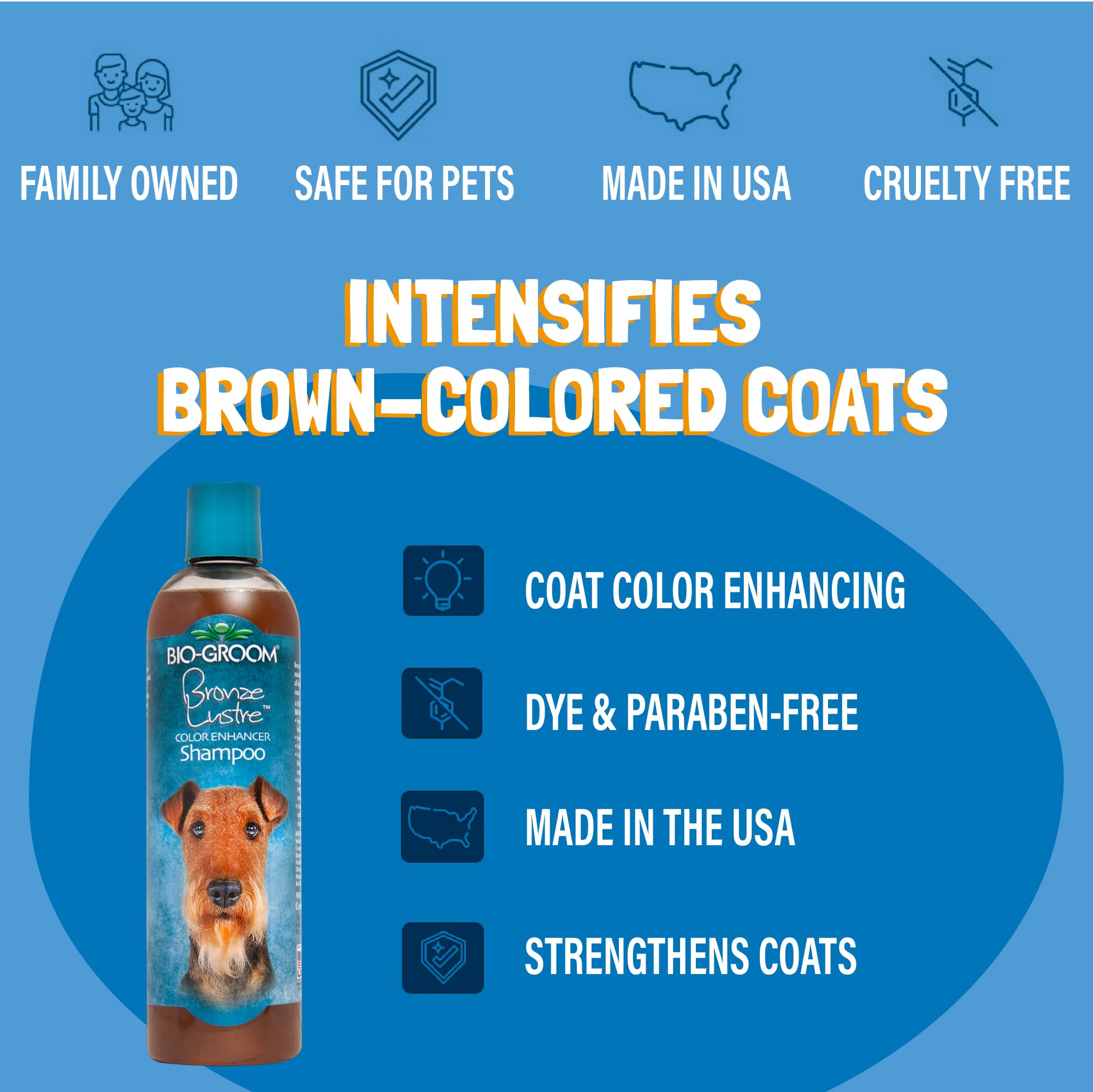 Bio-Groom Bronze Lustre lather-foam highlighting rich cleansing and coat fullness.
