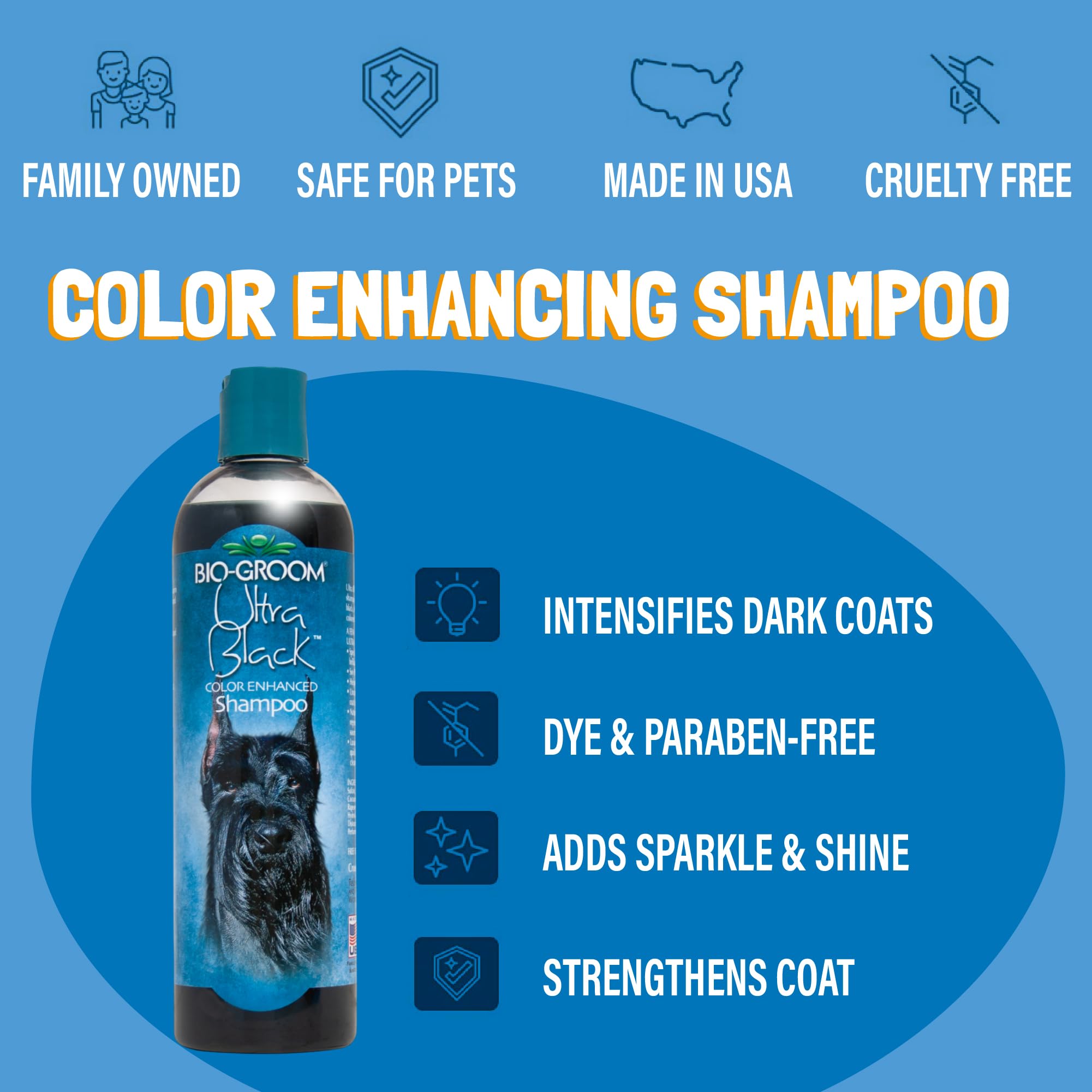 Bio-Groom color-enhancing shampoo foam highlighting bright, shiny coats