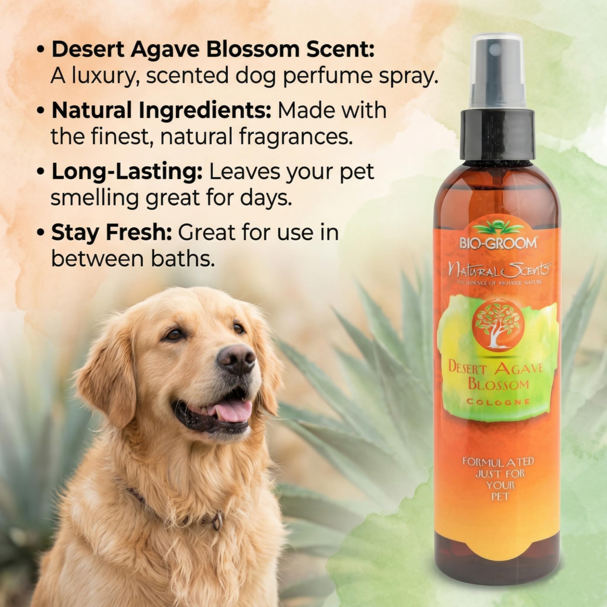 Bio-Groom Desert Agave Blossom spray application on coat for quick refresh.
