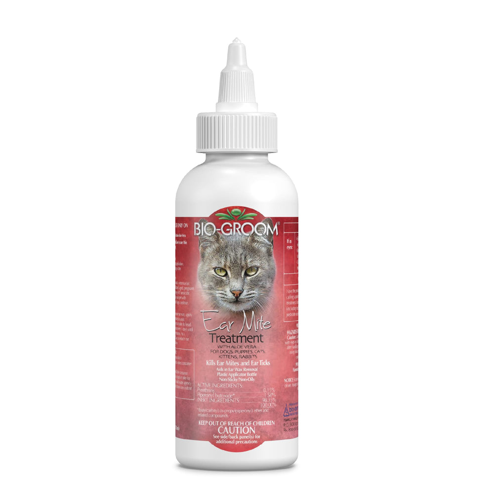 Bio-Groom Ear Mite Treatment bottle shown for dogs and cats, gentle cleaning and odor control.