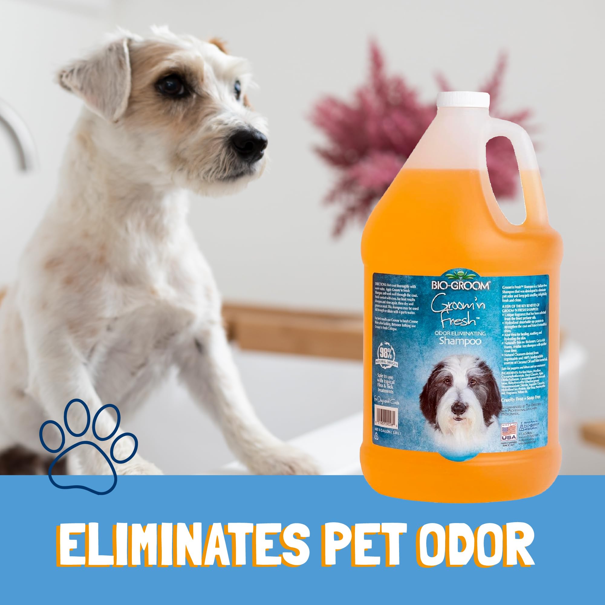 Bio-Groom Groom'n Fresh dog shampoo label highlights cruelty-free, USA-made promise