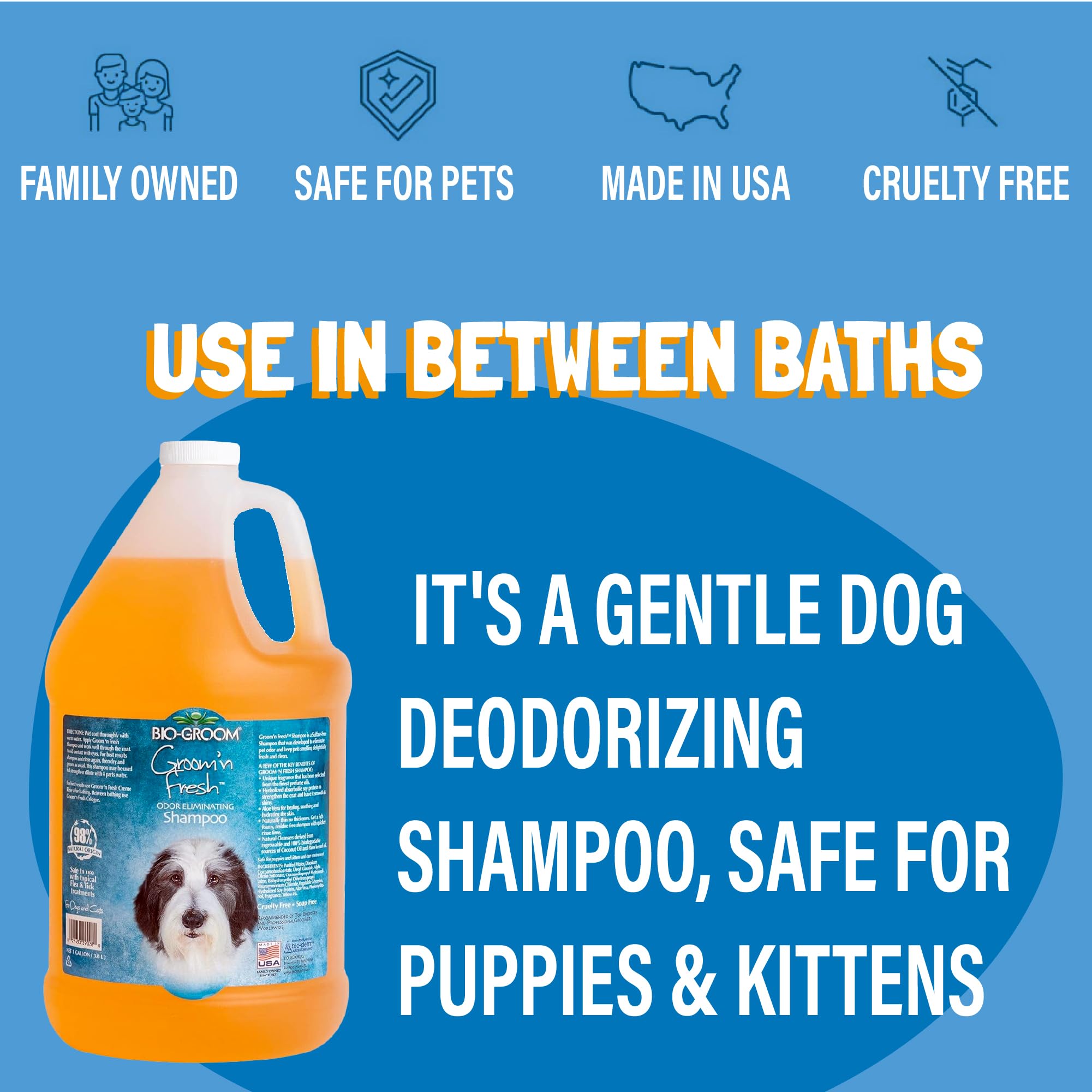 Bio-Groom Groom'n Fresh bottle dispensing shampoo, showcasing residue-free cleansing