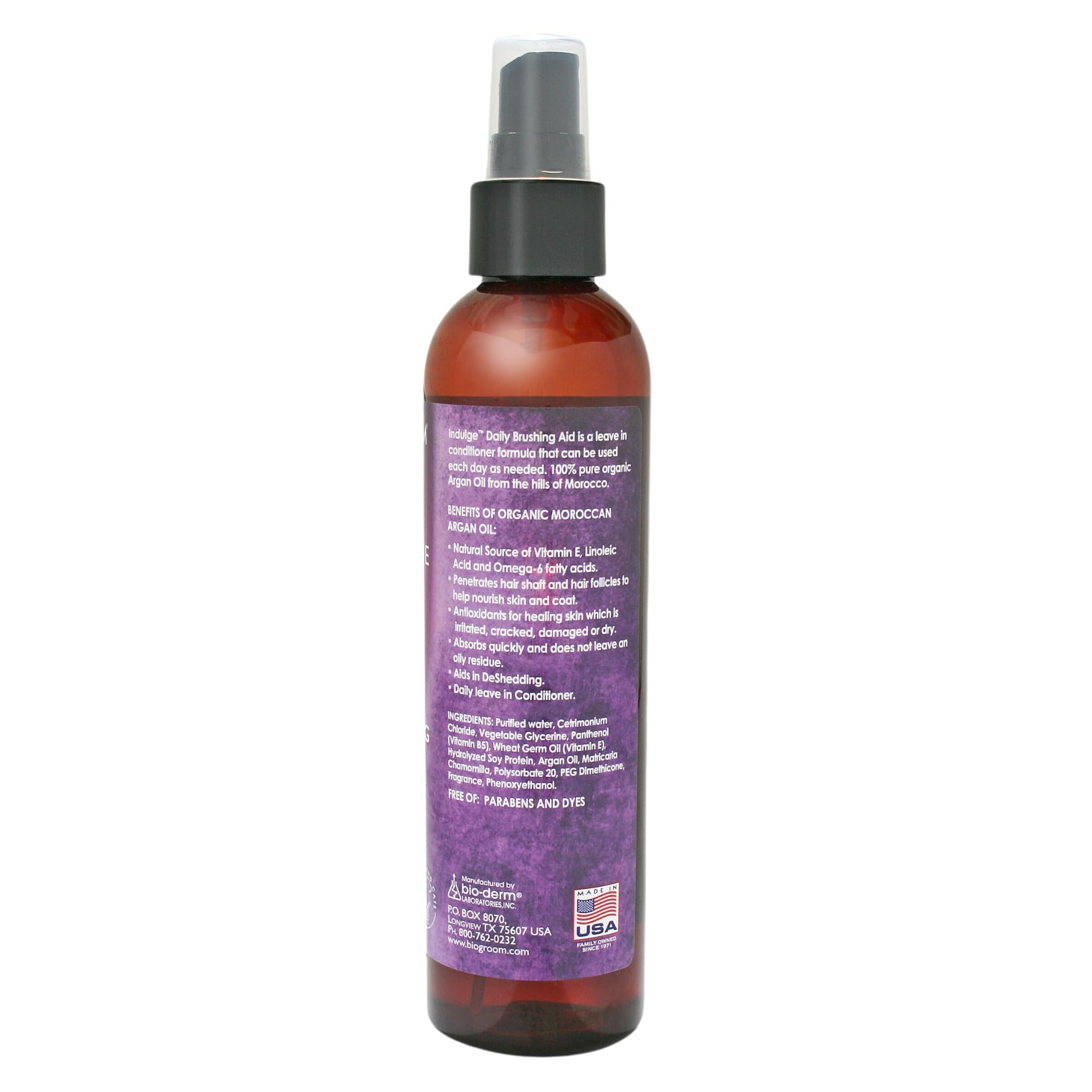 Bio-Groom Indulge Argan Oil dog conditioner bottle emits a healthy coat glow