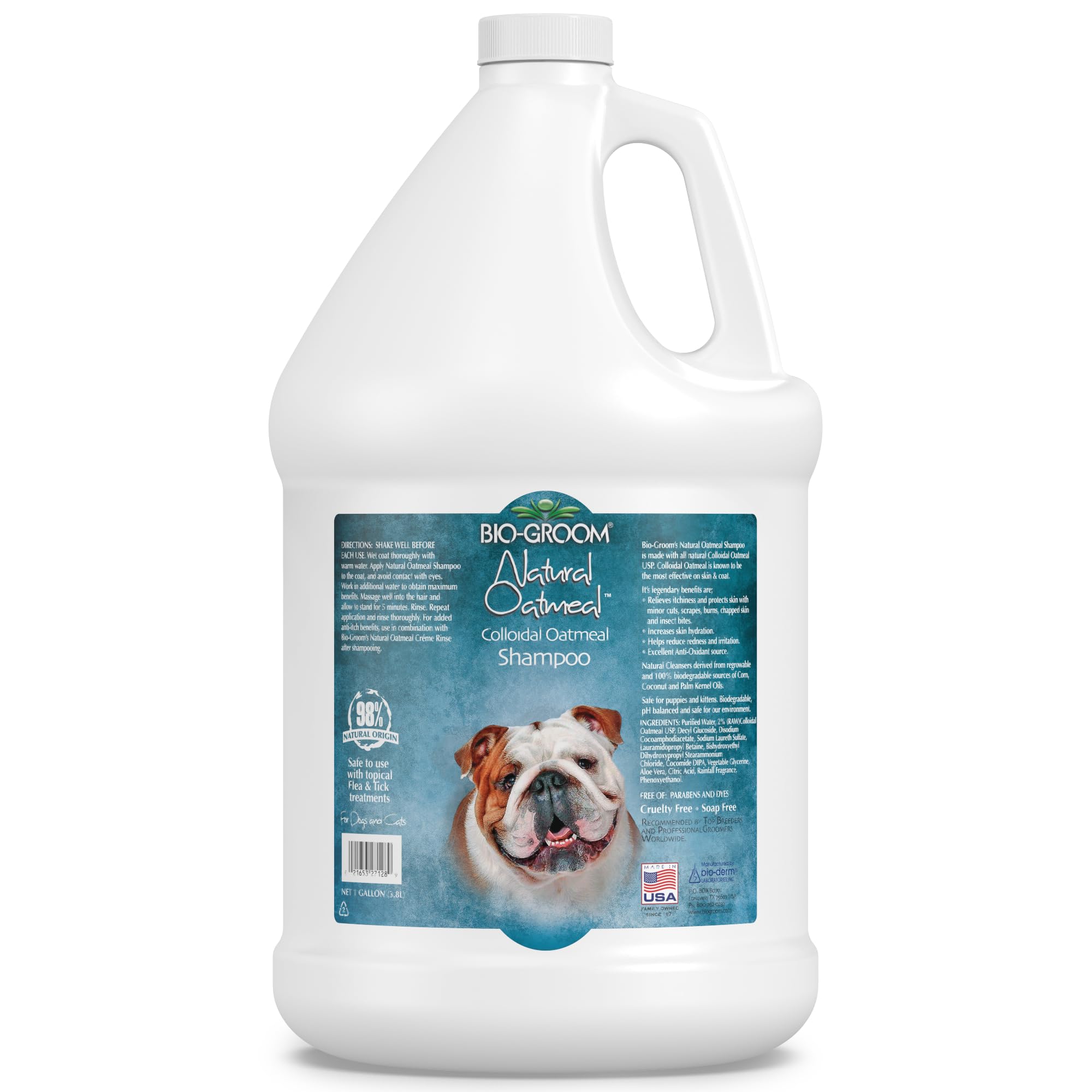 Bio-Groom Oatmeal Dog Shampoo bottle highlighting gentle, anti-itch care for sensitive skin.