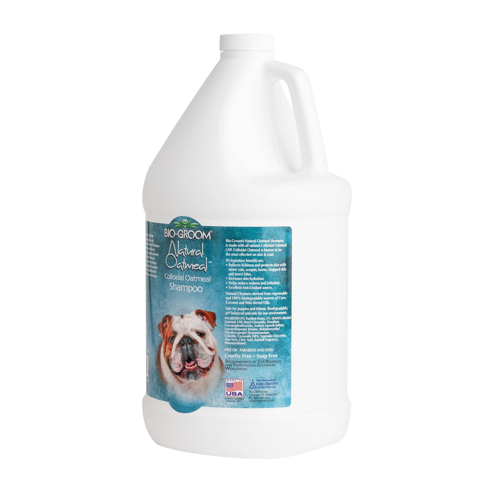 Bio-Groom Oatmeal Dog Shampoo close-up label emphasizing USA-made, cruelty-free formula.