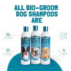Bio-Groom Oatmeal Dog Shampoo lather panel promising gentle cleansing for puppies.