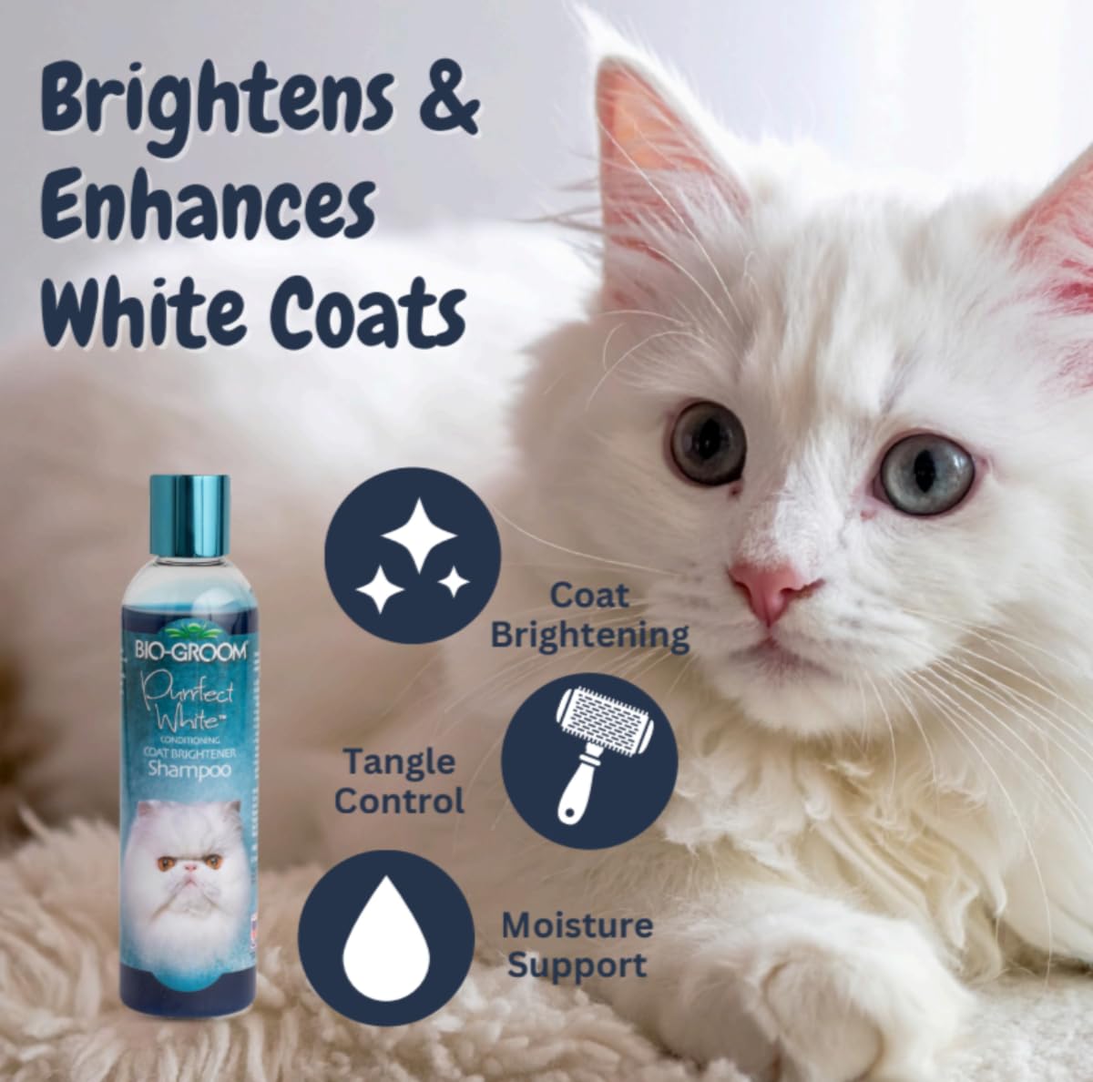 Bio-groom Purrfect White Shampoo lather brightens white coats with a healthy shine