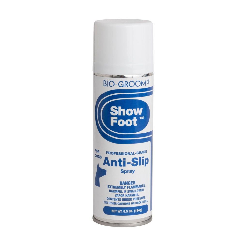 Bio-Groom Show Foot anti-slip spray protects paw grips on indoor show floors, reducing slipping.