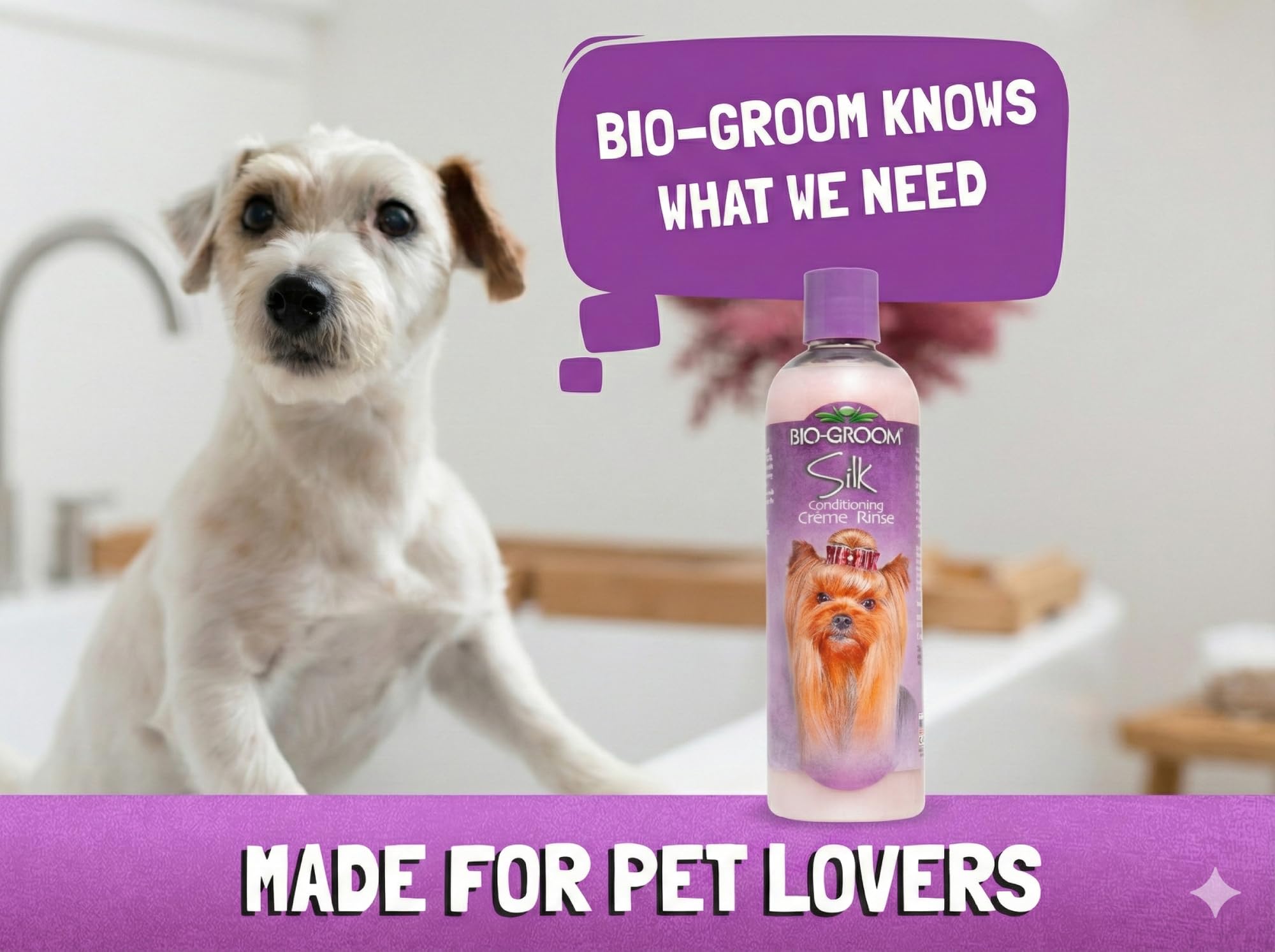 Bio-Groom silk creme rinse bottle for silky, fluffy fur.