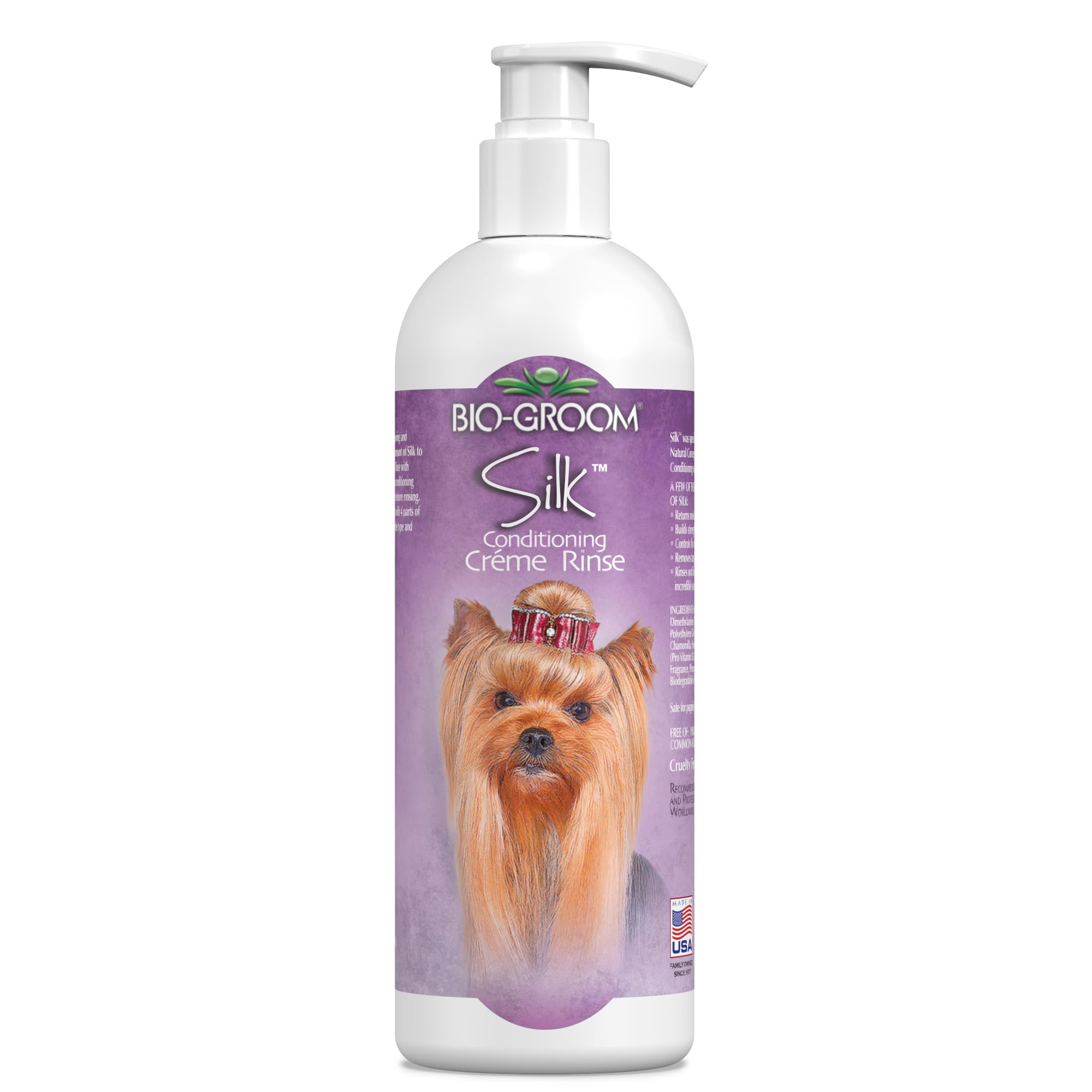 Bio-Groom Silk Creme Rinse bottle showing detangling benefits for dogs.