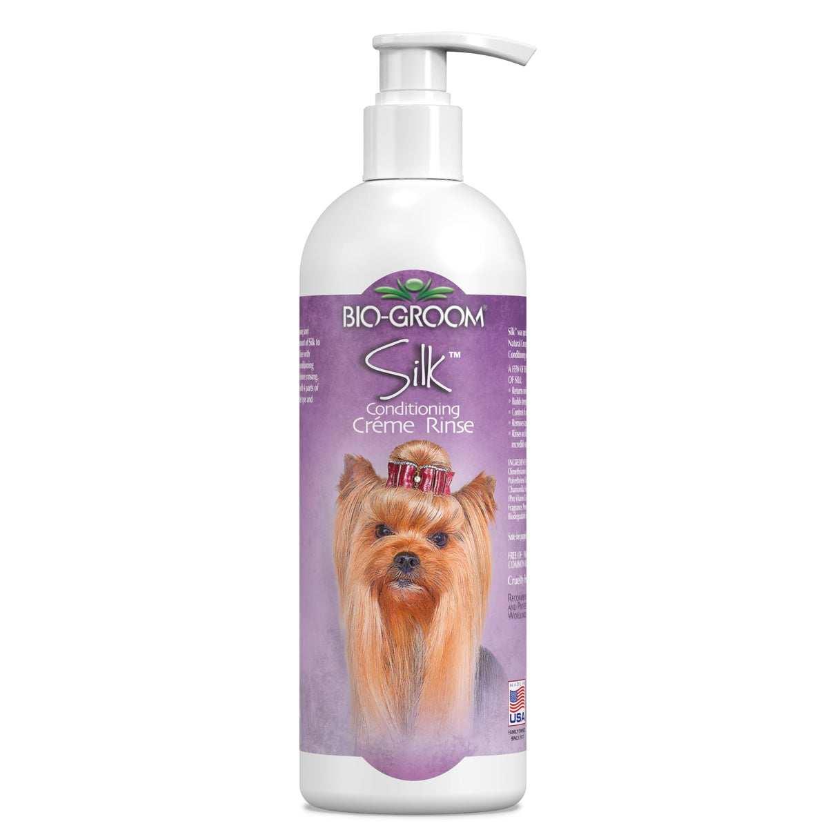 Bio-Groom Silk Creme Rinse bottle showing detangling benefits for dogs.