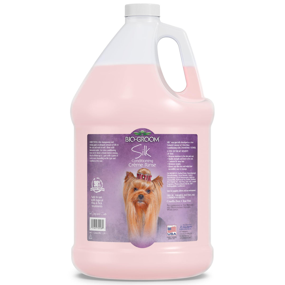 Bio-Groom Silk Creme Rinse bottle pouring for a silky, residue-free dog coat.
