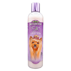 Bio-Groom Silk Creme Rinse bottle demonstrates gentle, residue-free conditioning for dogs