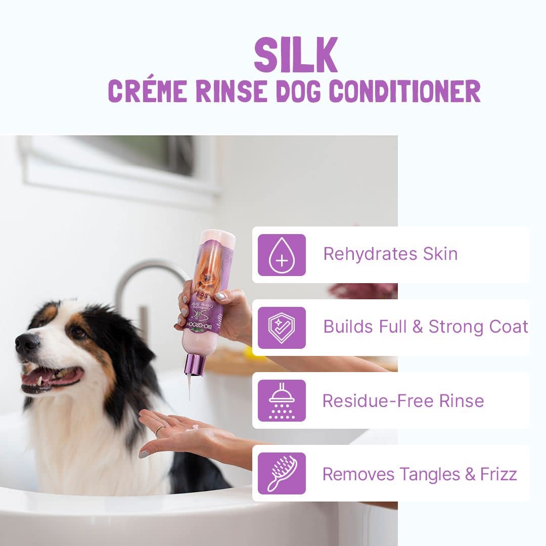 Foamy-lather image suggests gentle cleansing and easy rinse for dogs.