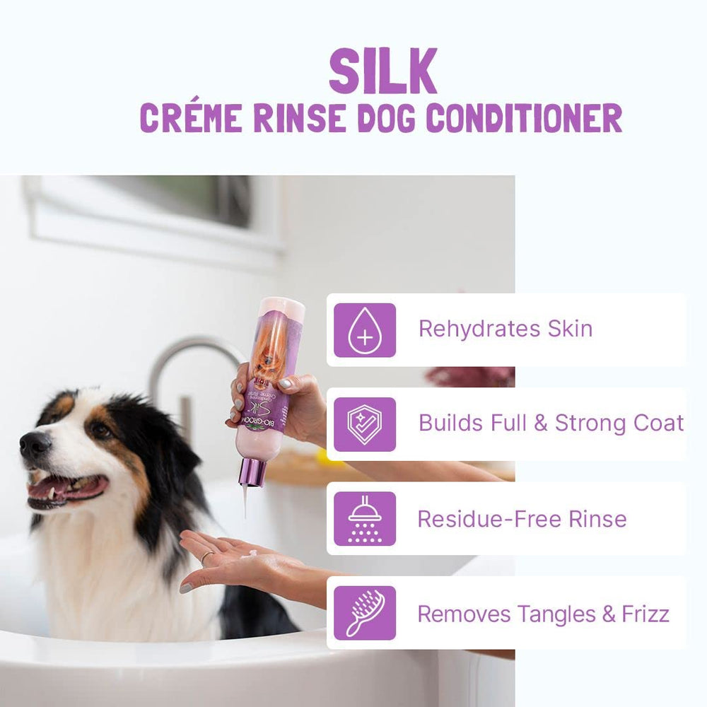 Foamy-lather image suggests gentle cleansing and easy rinse for dogs.