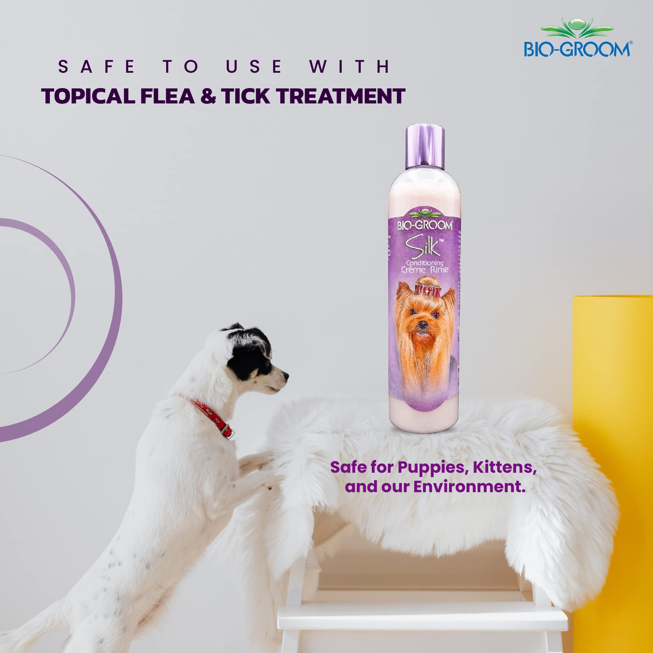 Bio-Groom Silk Creme Rinse label close-up highlights tearless puppy-safe formula