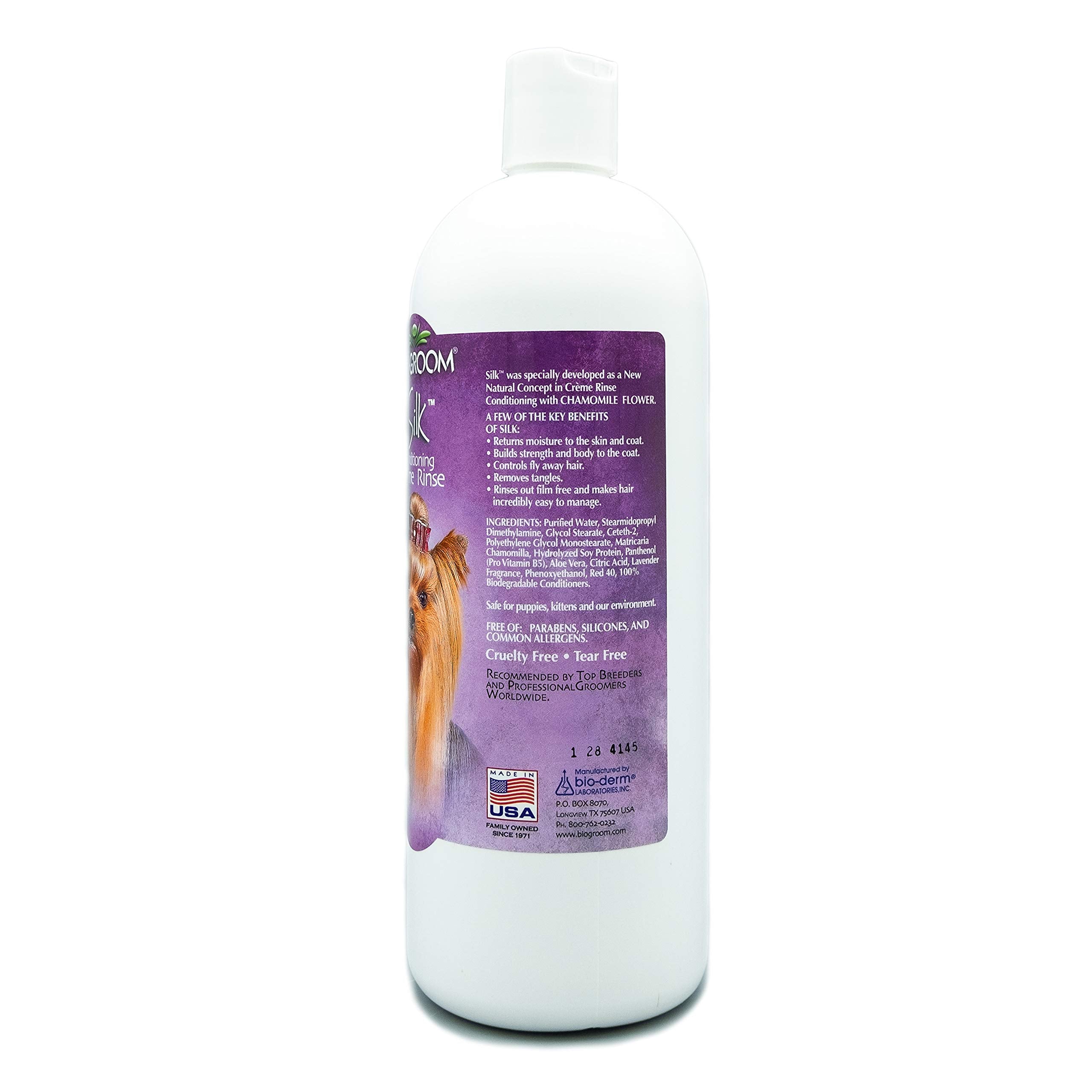 Bio-Groom Silk Creme Rinse label detail highlights chamomile and eco-friendly formula.
