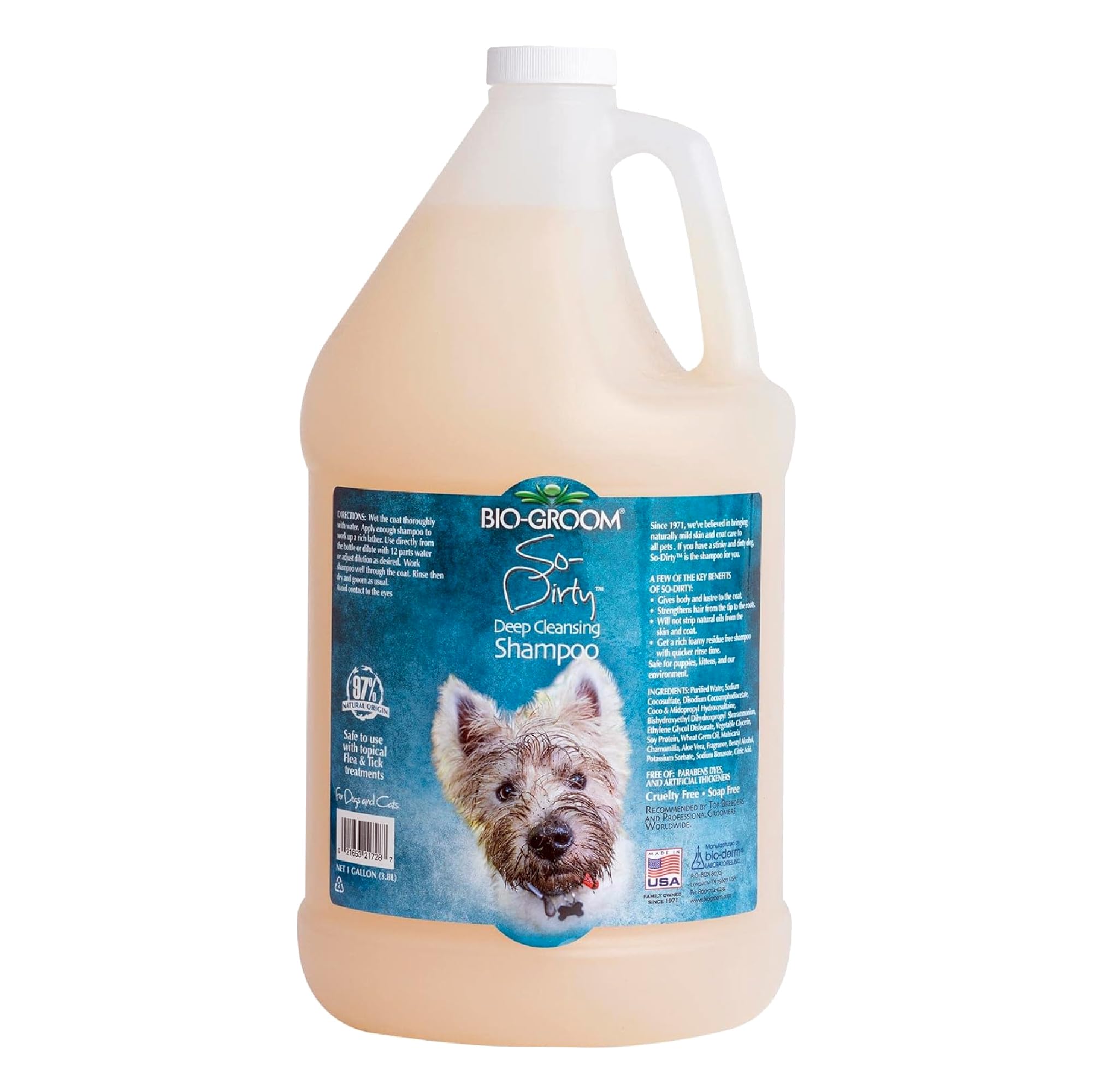 Bio-Groom So-Dirty Dog Shampoo bottle pour shows quick rinse for busy pet care