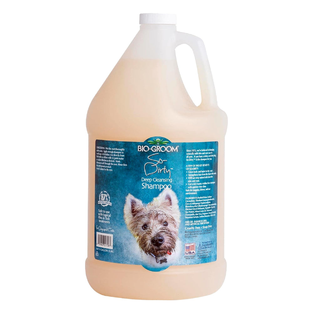 Bio-Groom So-Dirty Dog Shampoo bottle pour shows quick rinse for busy pet care
