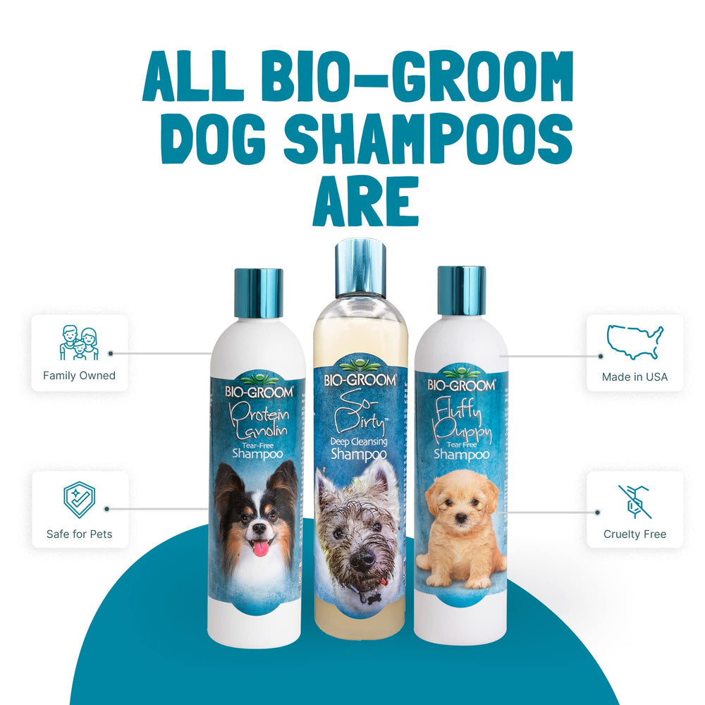 Bio-Groom So-Dirty Dog Shampoo rich foam lathers through fur for thorough cleansing