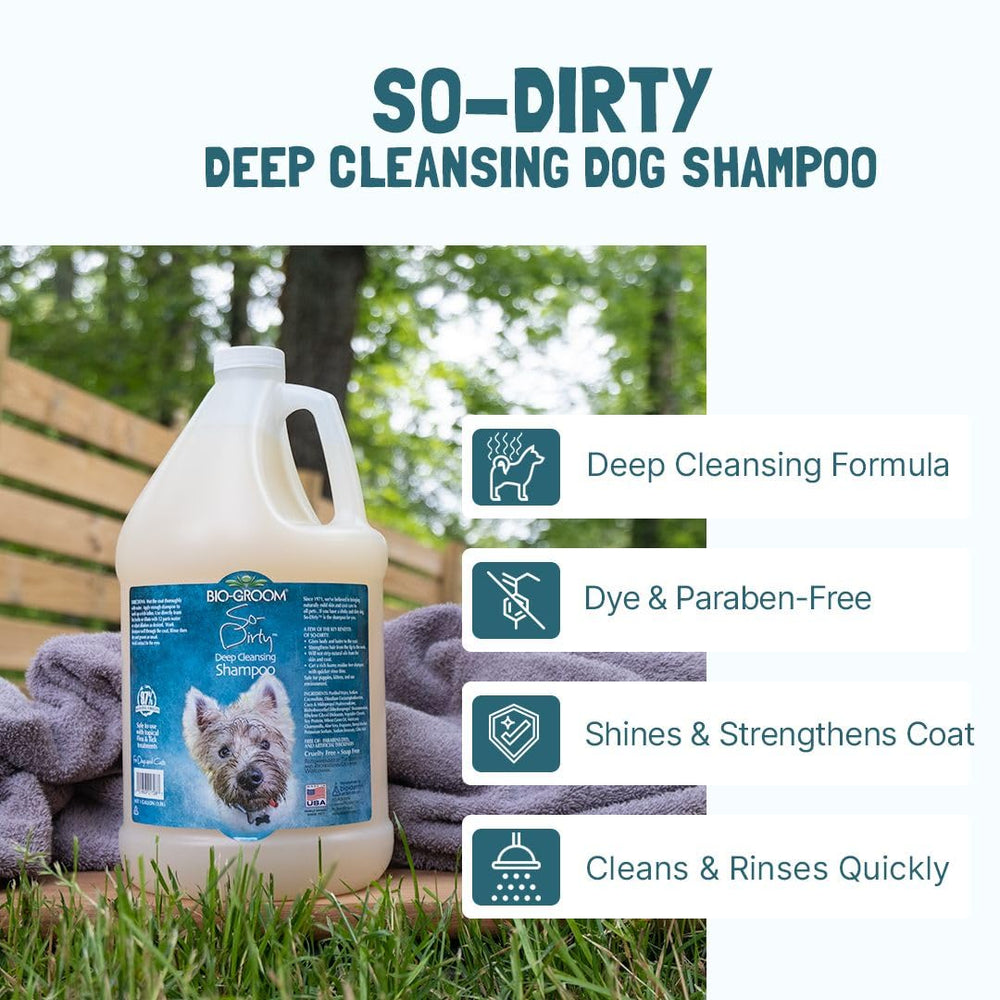 Bio-Groom So-Dirty Dog Shampoo soy-protein formula hydrates and strengthens coat