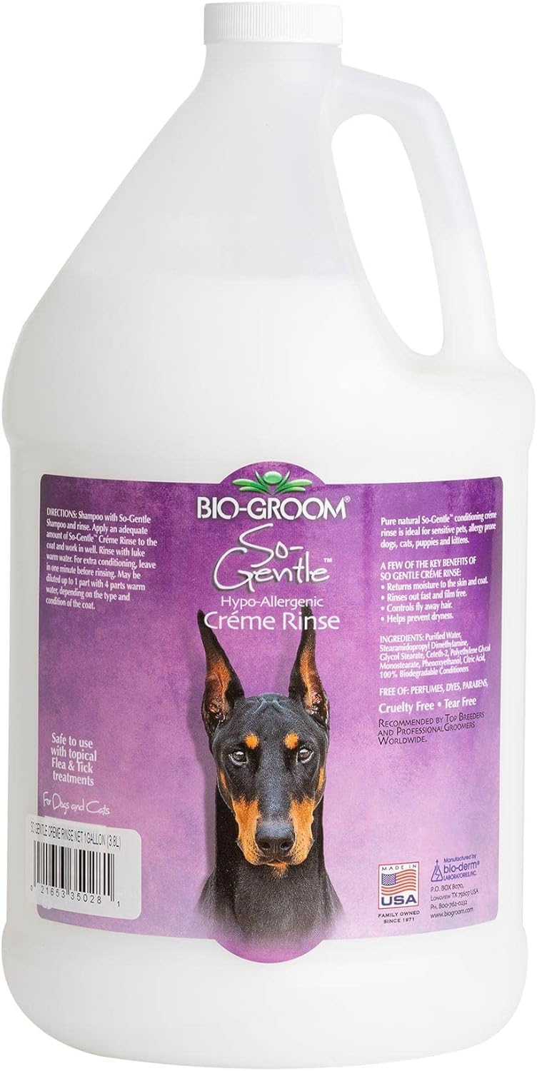 Bio-Groom So-Gentle hypoallergenic dog conditioner bottle closeup for tearless grooming