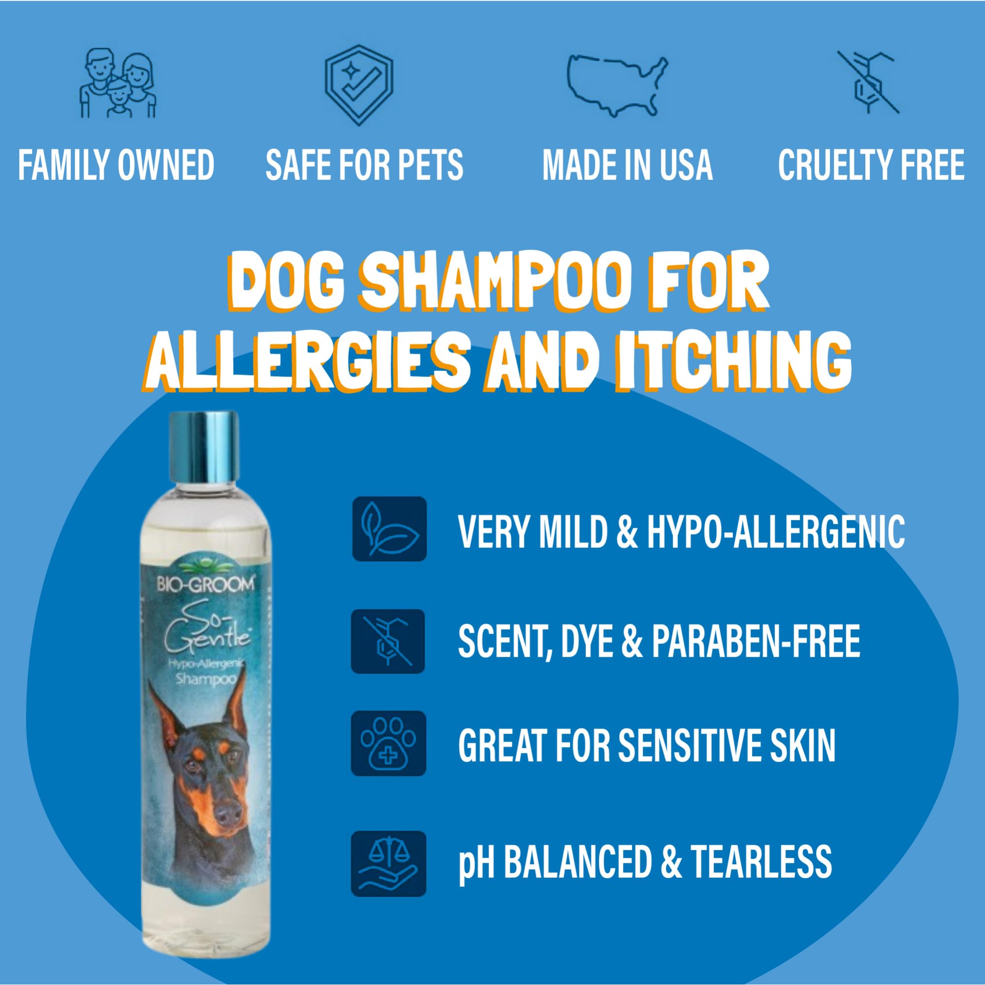Bio-Groom So-Gentle tearless shampoo bottle close-up features natural coconut oil for a soft coat