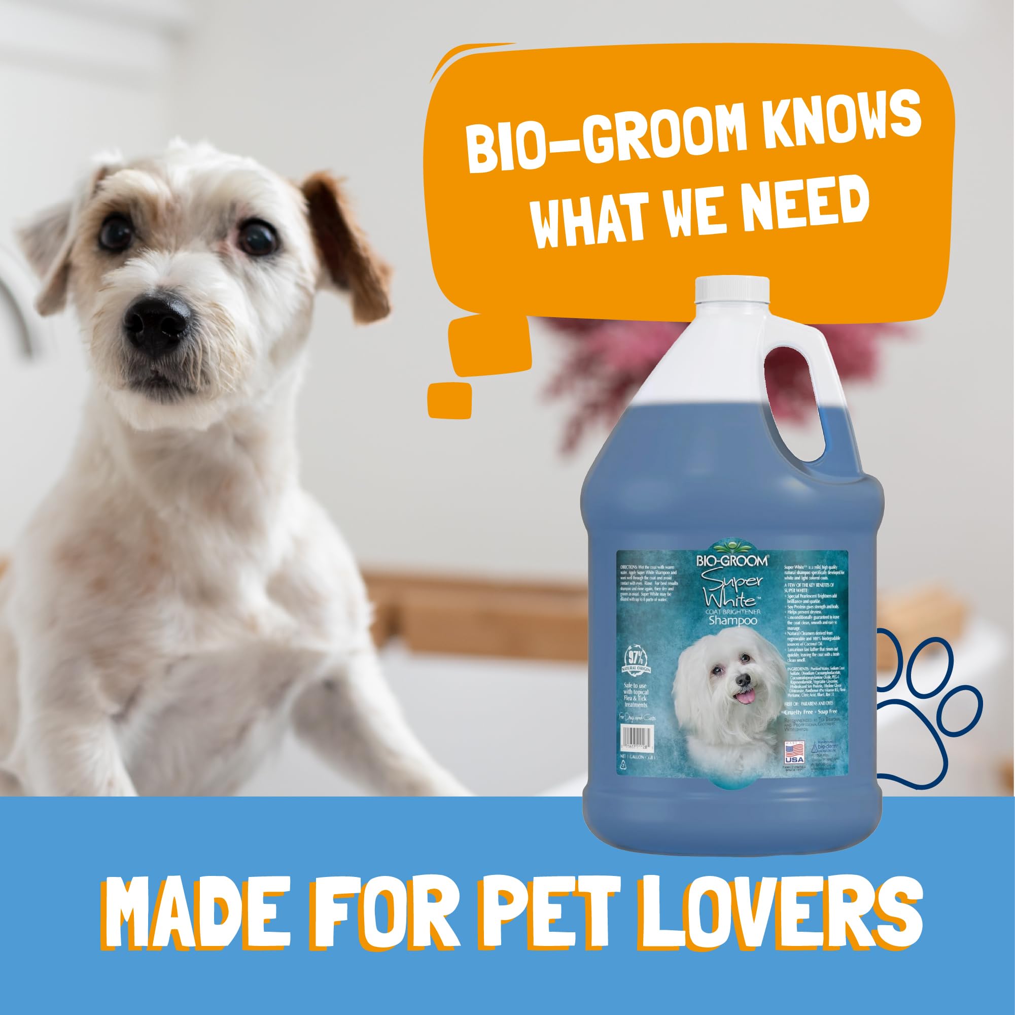 Bio-Groom Super White shampoo bottle with a radiant, glossy white coat.