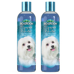 Bio-Groom Super White Shampoo bottle demonstrates coat-brightening action for white fur.