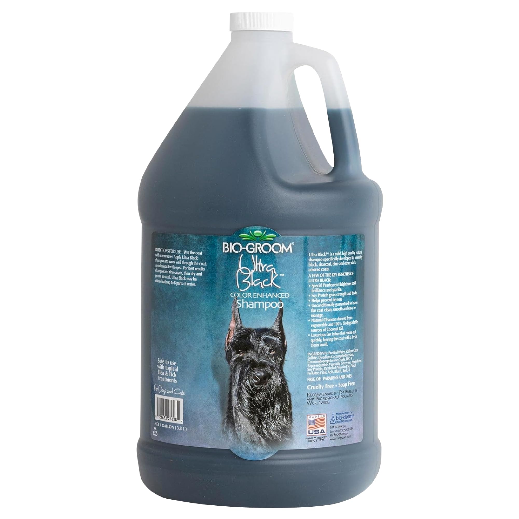 Bio-Groom Ultra-Black dog shampoo bottle highlighting color-enhancing formula for richer coat shine.