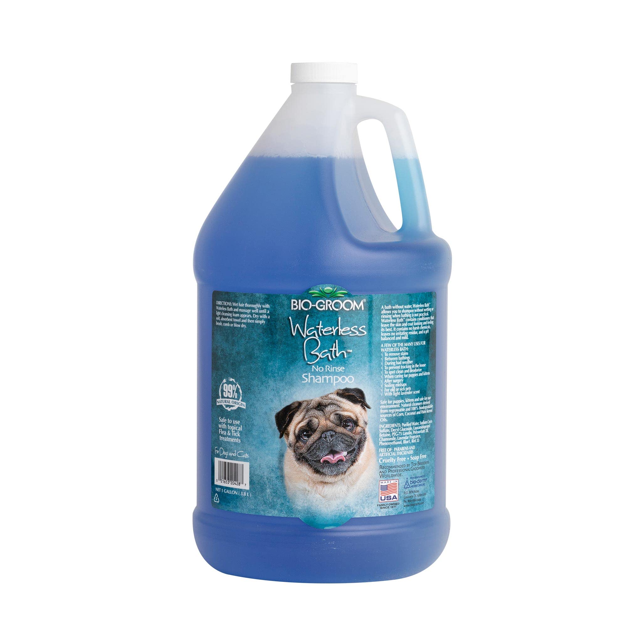 Bio-Groom Waterless Shampoo bottle pour showing tearless, quick bath option