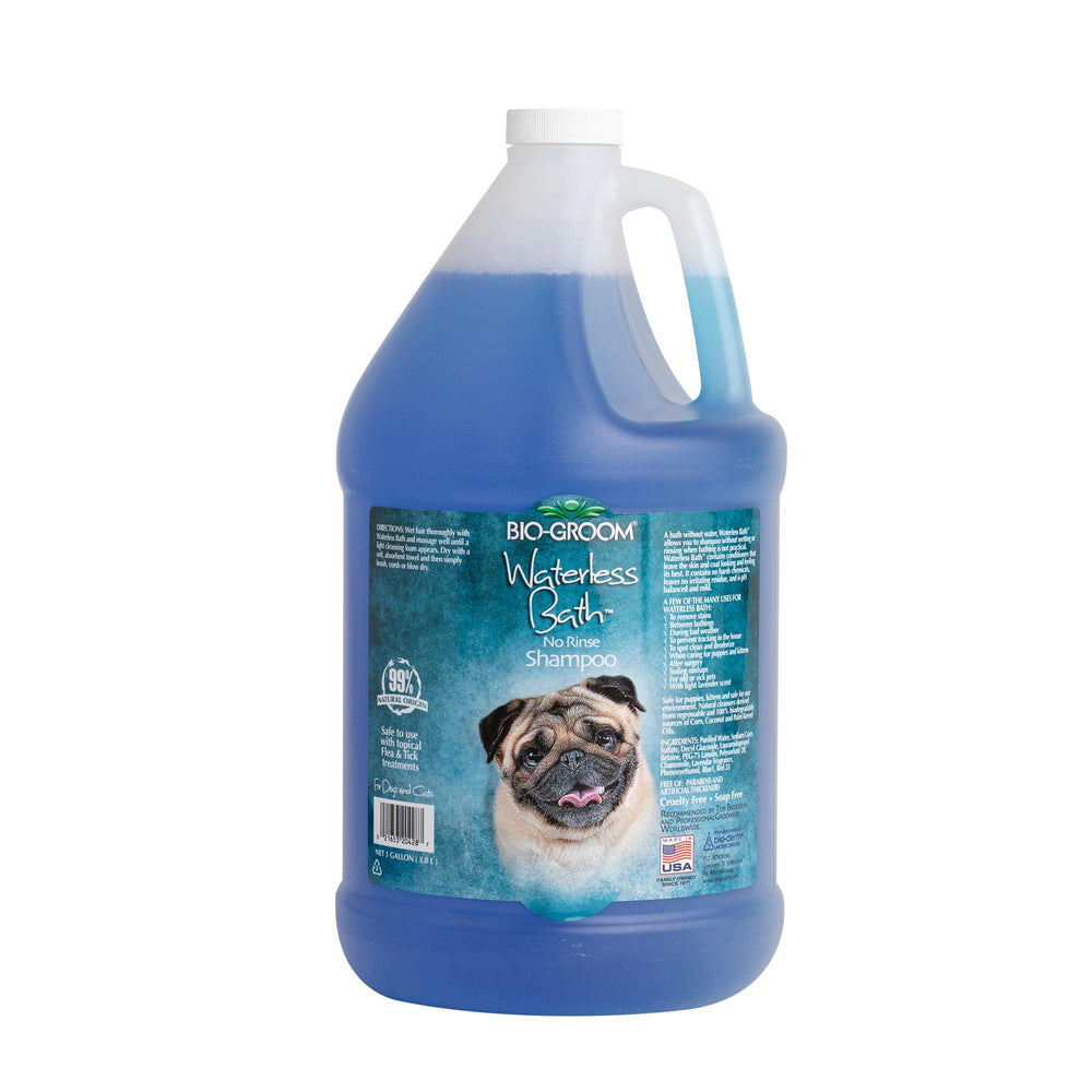 Bio-Groom Waterless Shampoo bottle pour showing tearless, quick bath option