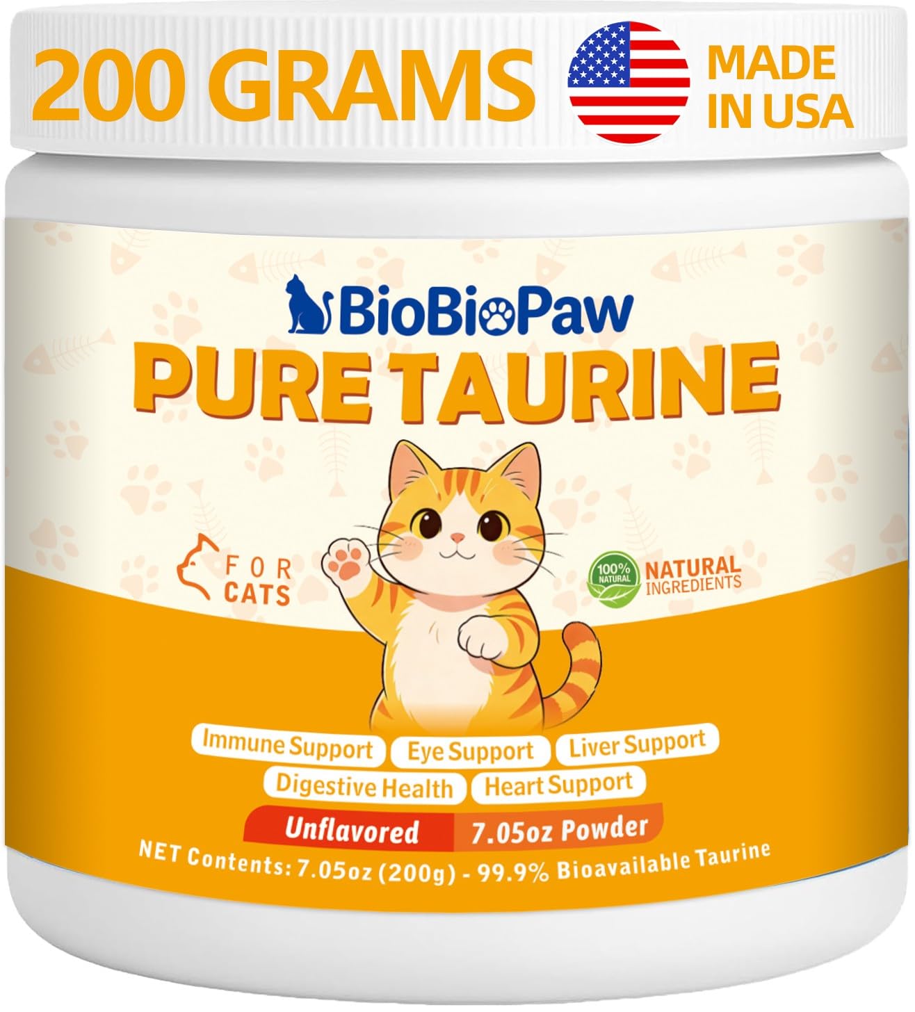 BioBiopaw Pure Taurine powder bottle for feline vitality support