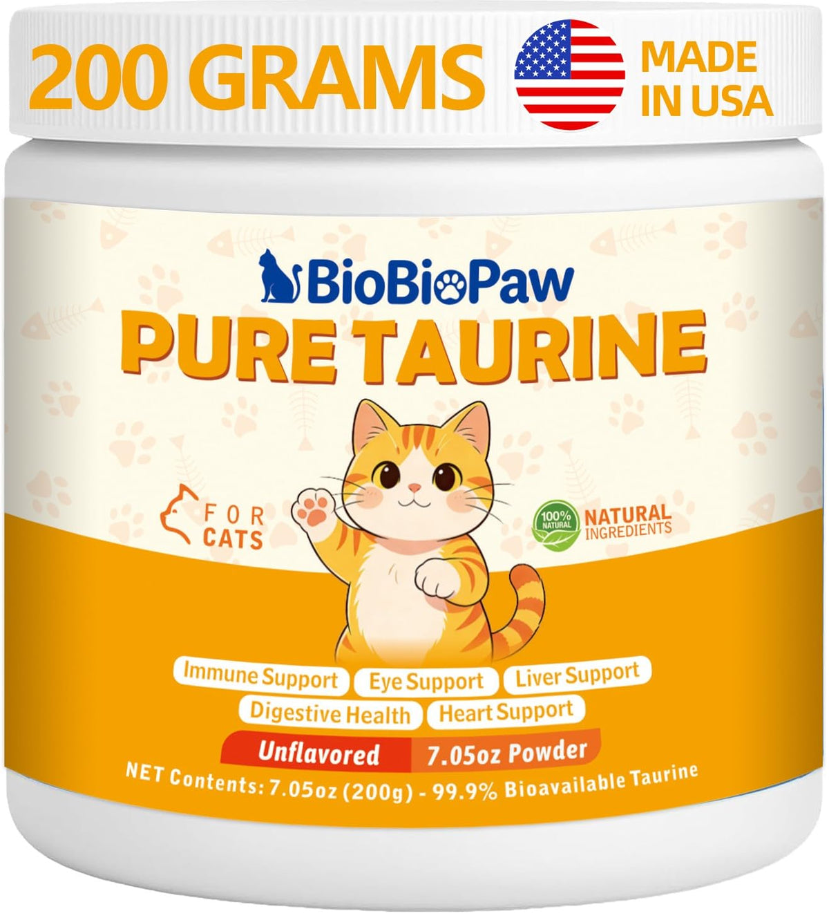 BioBiopaw Pure Taurine powder bottle for feline vitality support
