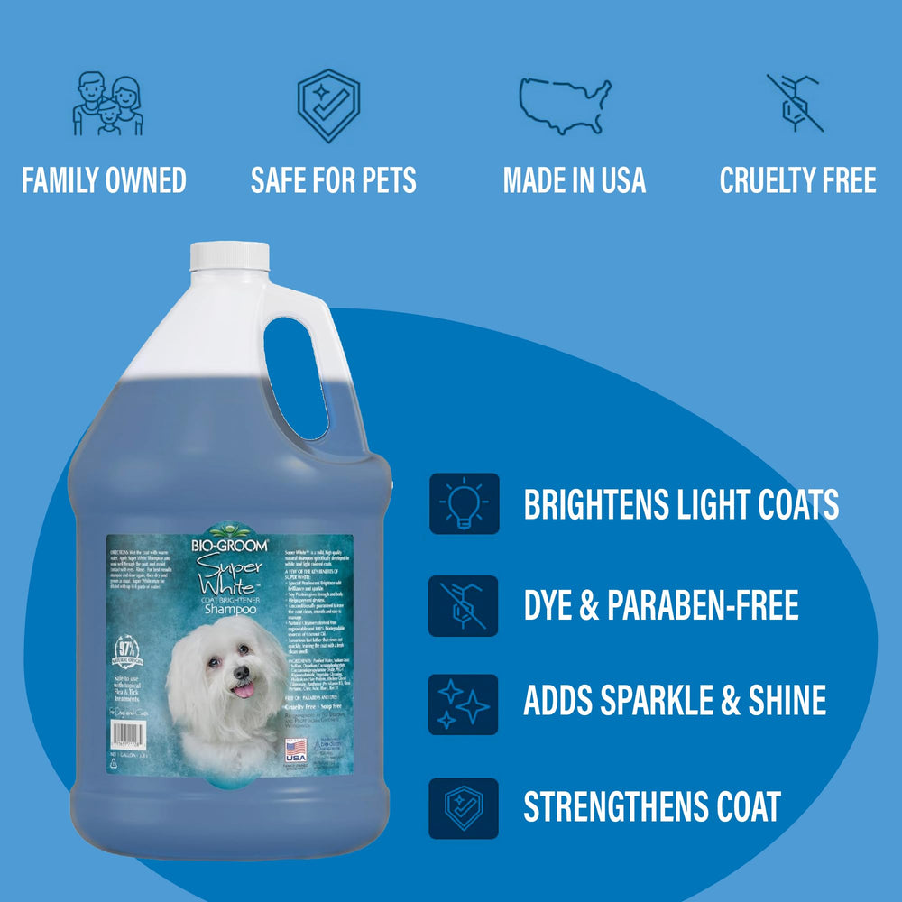 Bio-Groom Super Whitening Dog Shampoo foam highlights gentle cleansing during baths