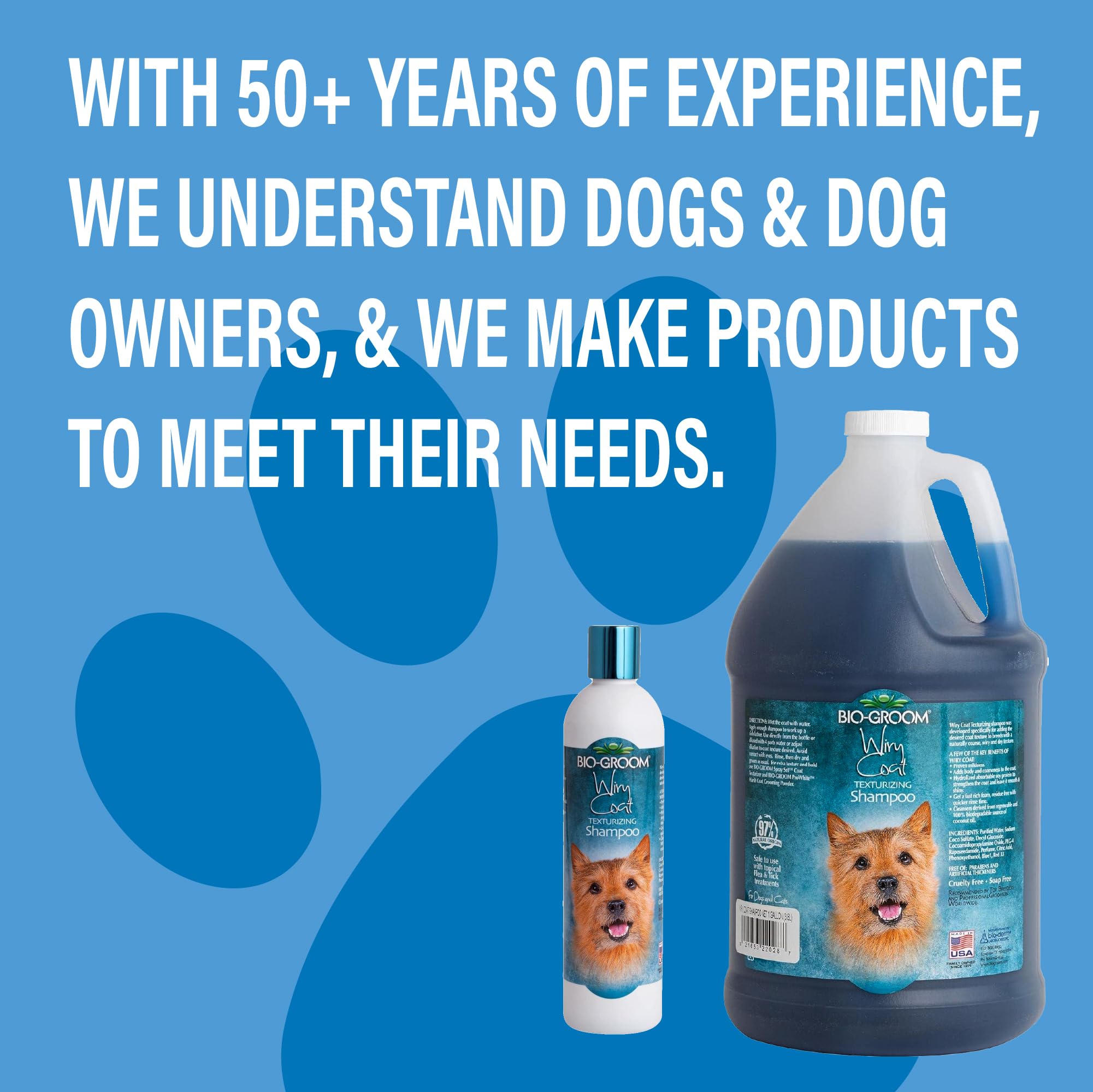 Bio-Groom Wiry Coat Shampoo after-bath scene with refreshed coats.