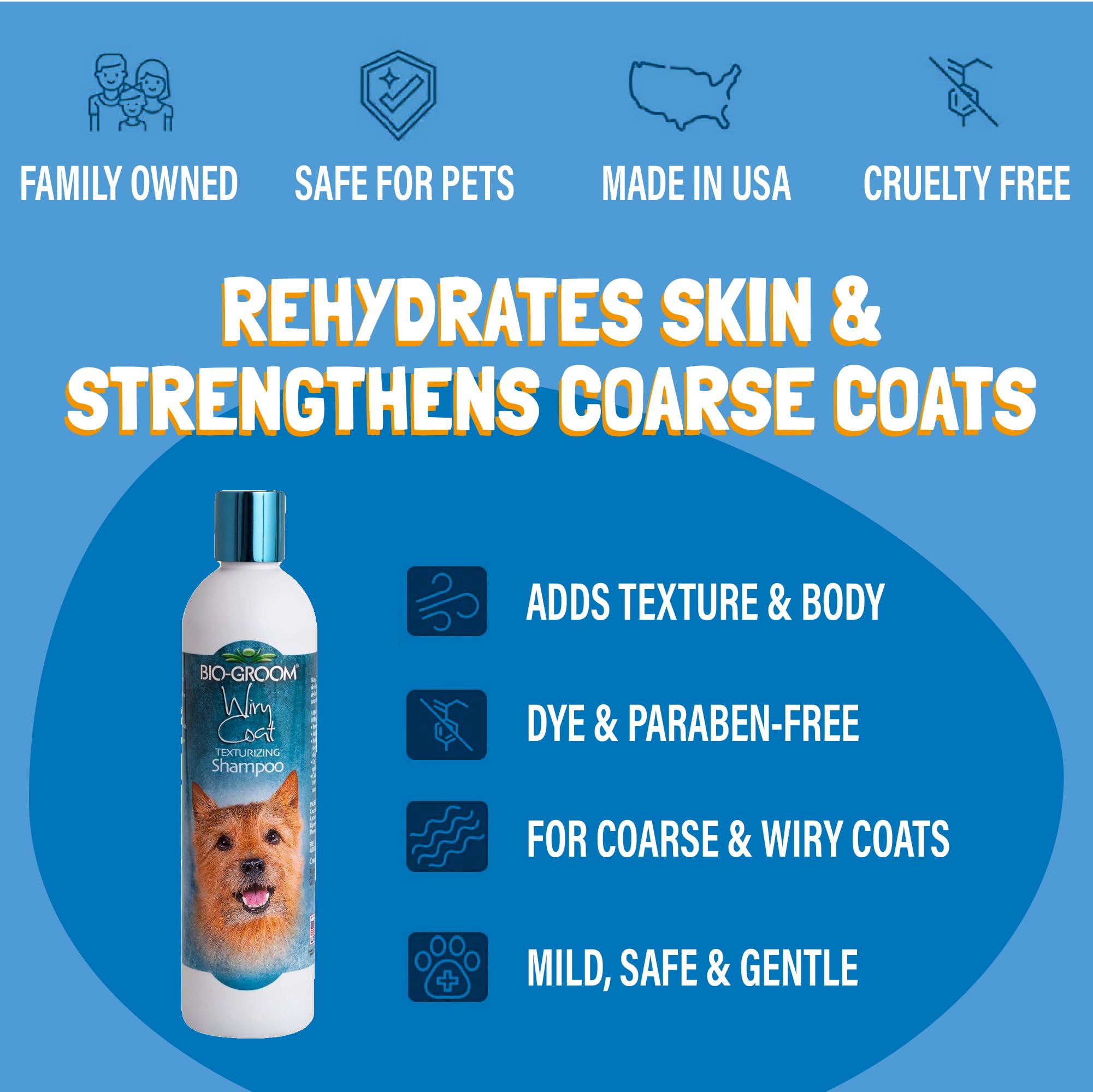 Bio-Groom Wiry Coat Shampoo pour highlighting residue-free cleansing for wiry coats.