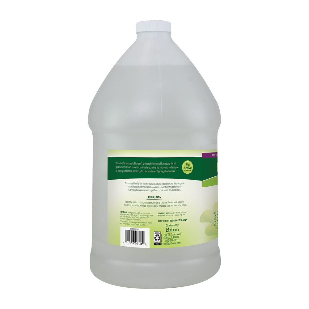 Biokleen Bac-Out enzymatic formula closeup highlights live enzymes breaking down organic matter