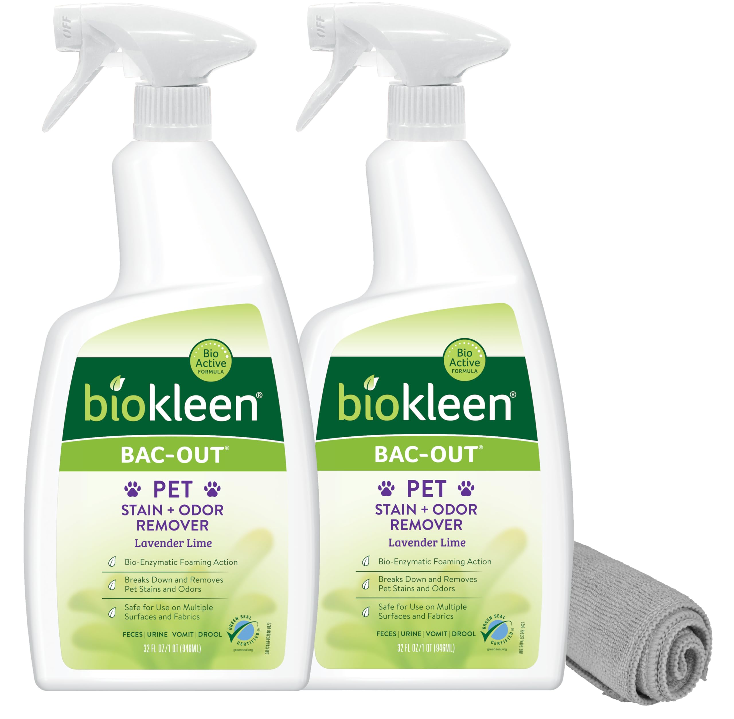 Biokleen Bac-Out bottle front view for stain and odor removal on carpets.