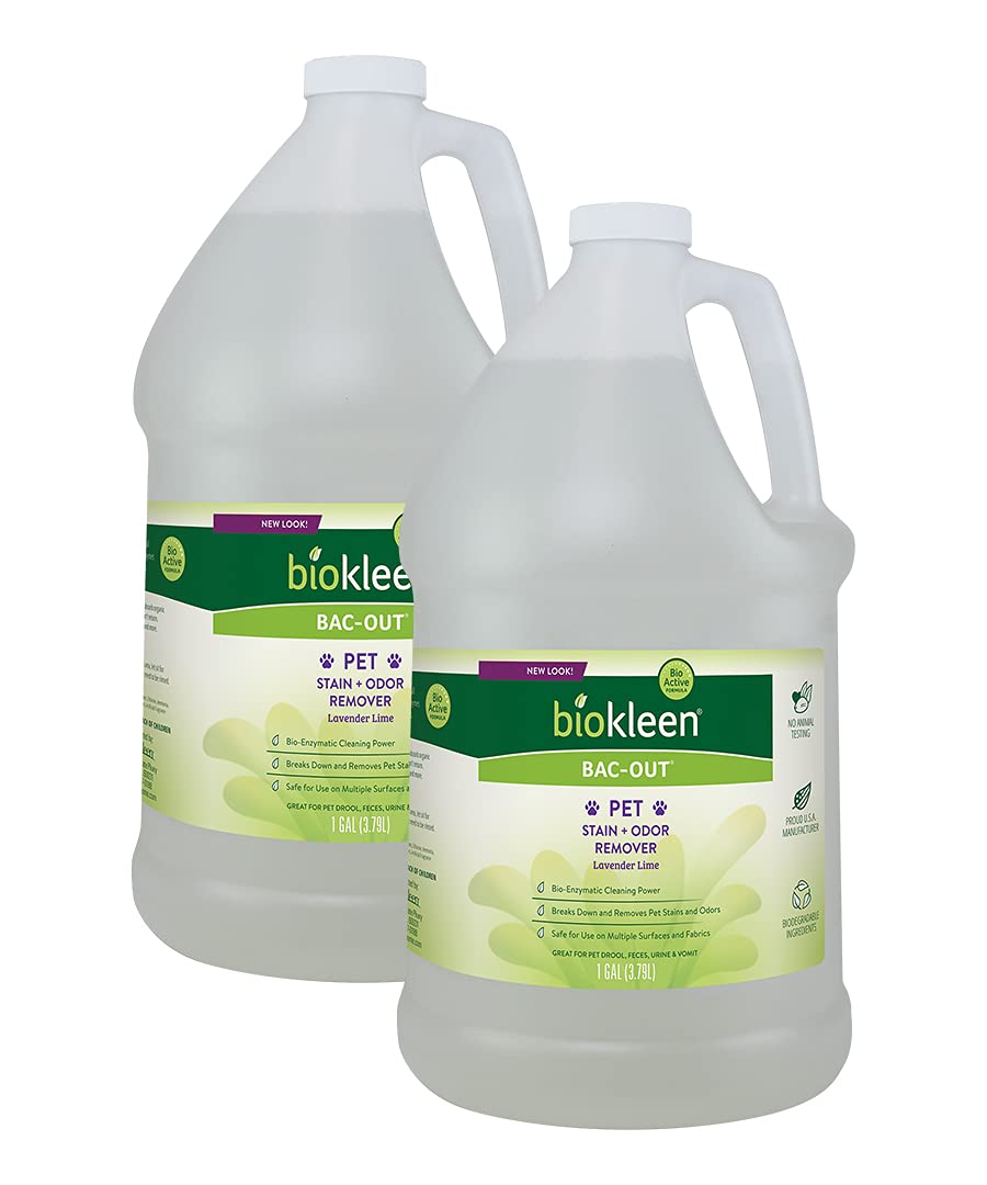 Biokleen Bac-Out pet stain remover bottle targets stains and odors on various surfaces