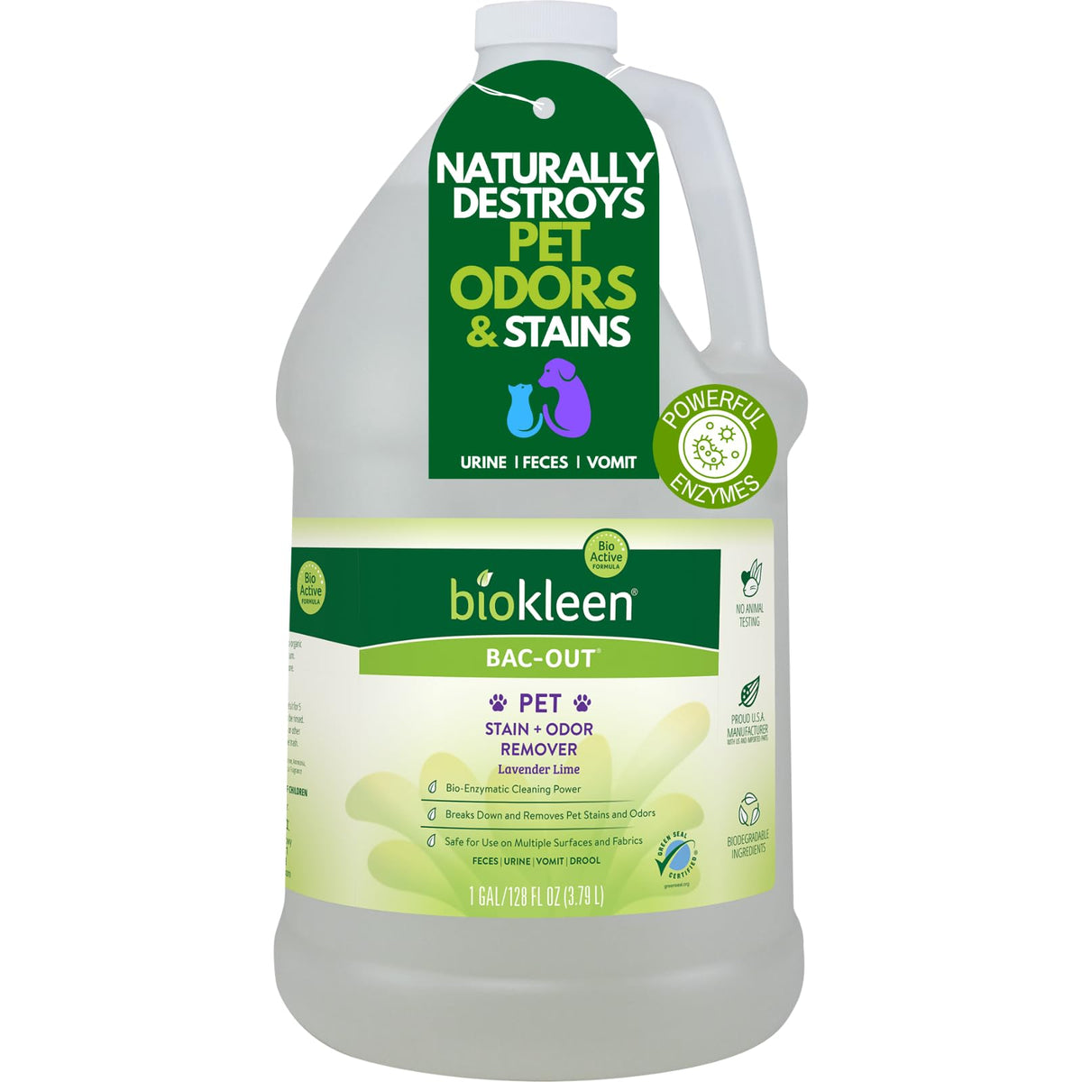 Biokleen Bac-Out bottle shows enzyme-based cleaner for pet stains on fabrics