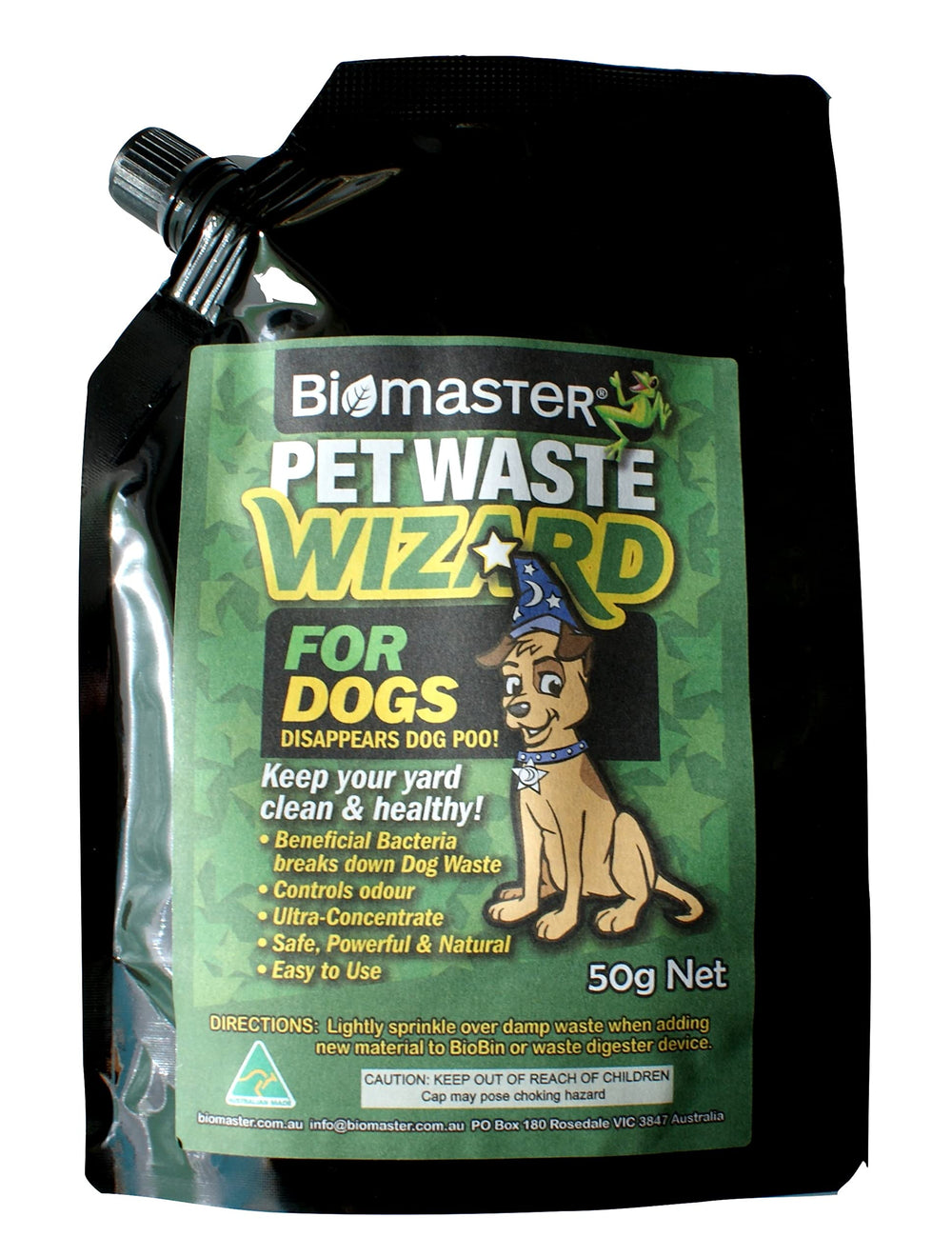Biomaster Pet Waste Wizard Digester 50g spout pack front label highlights natural enzymes for waste breakdown