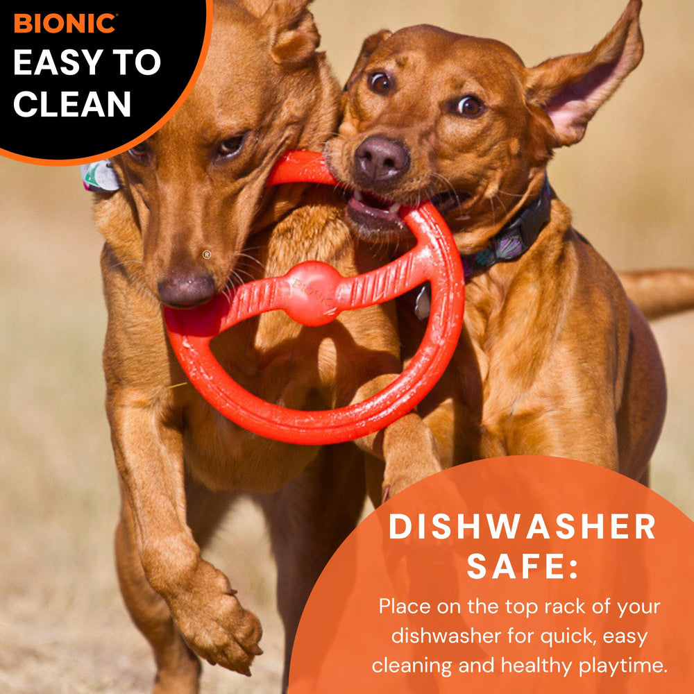 BIONIC Toss-N-Tug ring dishwasher-safe for quick cleanup after play.