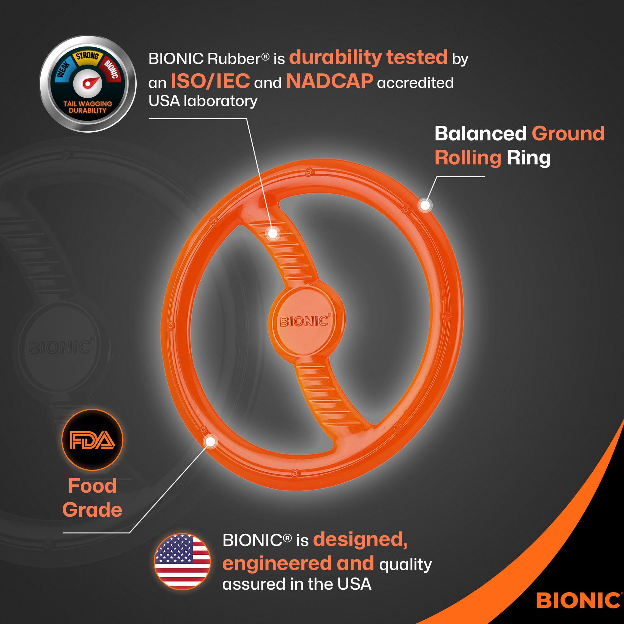 BIONIC Toss-N-Tug ring in action for rolling and fast-ground chases.