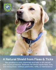 BIOPOWER PET Shield cat tag close-up highlighting safe pest deterrence.