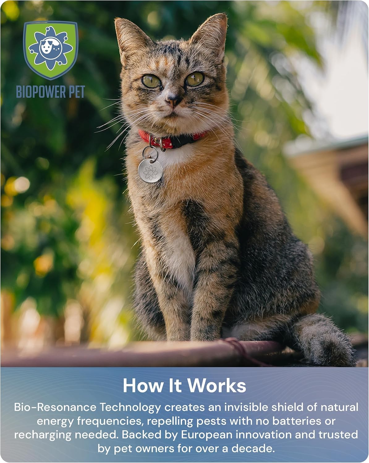 BIOPOWER PET Shield tag with waterproof design ready for all-weather use.