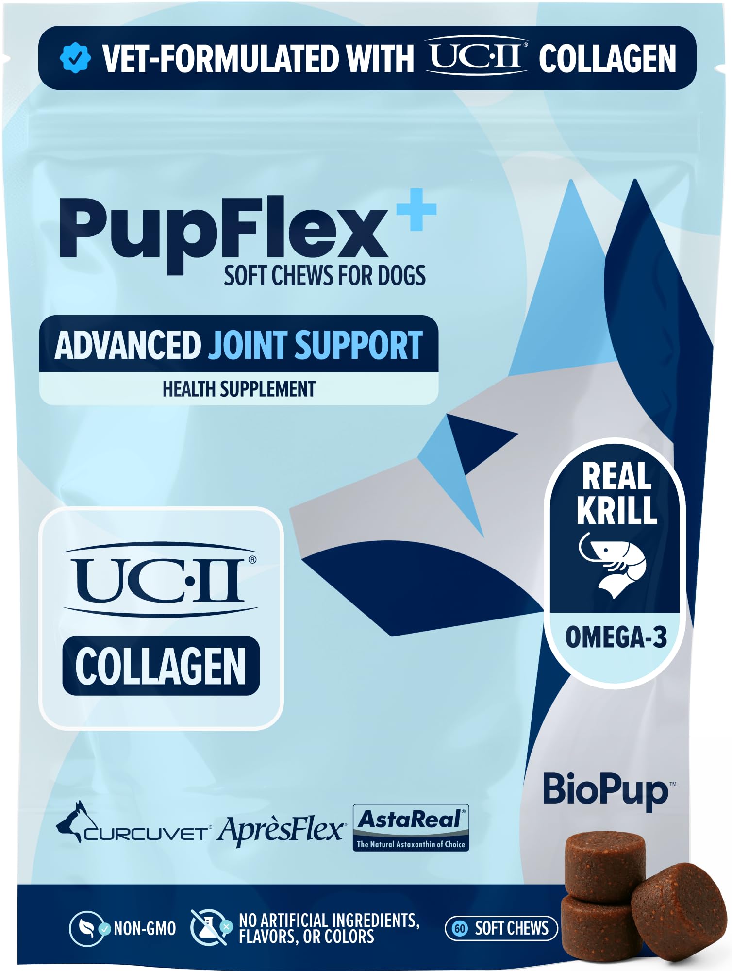BioPup PupFlex+ bottle front showing vet-created joint support for dogs