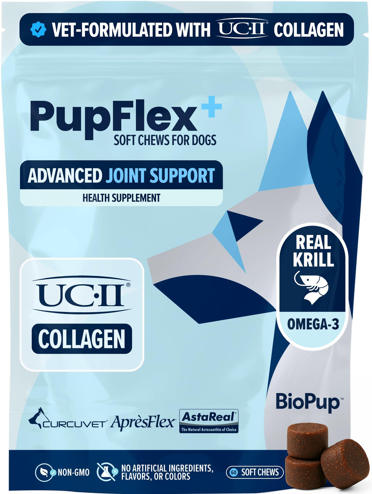 BioPup PupFlex+ bottle front showing vet-created joint support for dogs