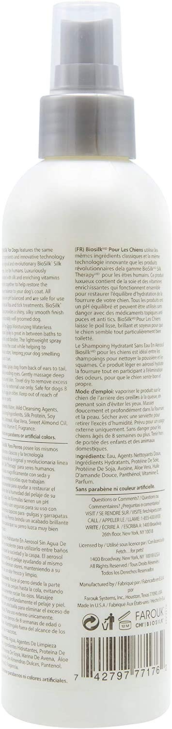 BioSilk for Dogs Silk Therapy ingredients label — silk proteins nourish the coat.